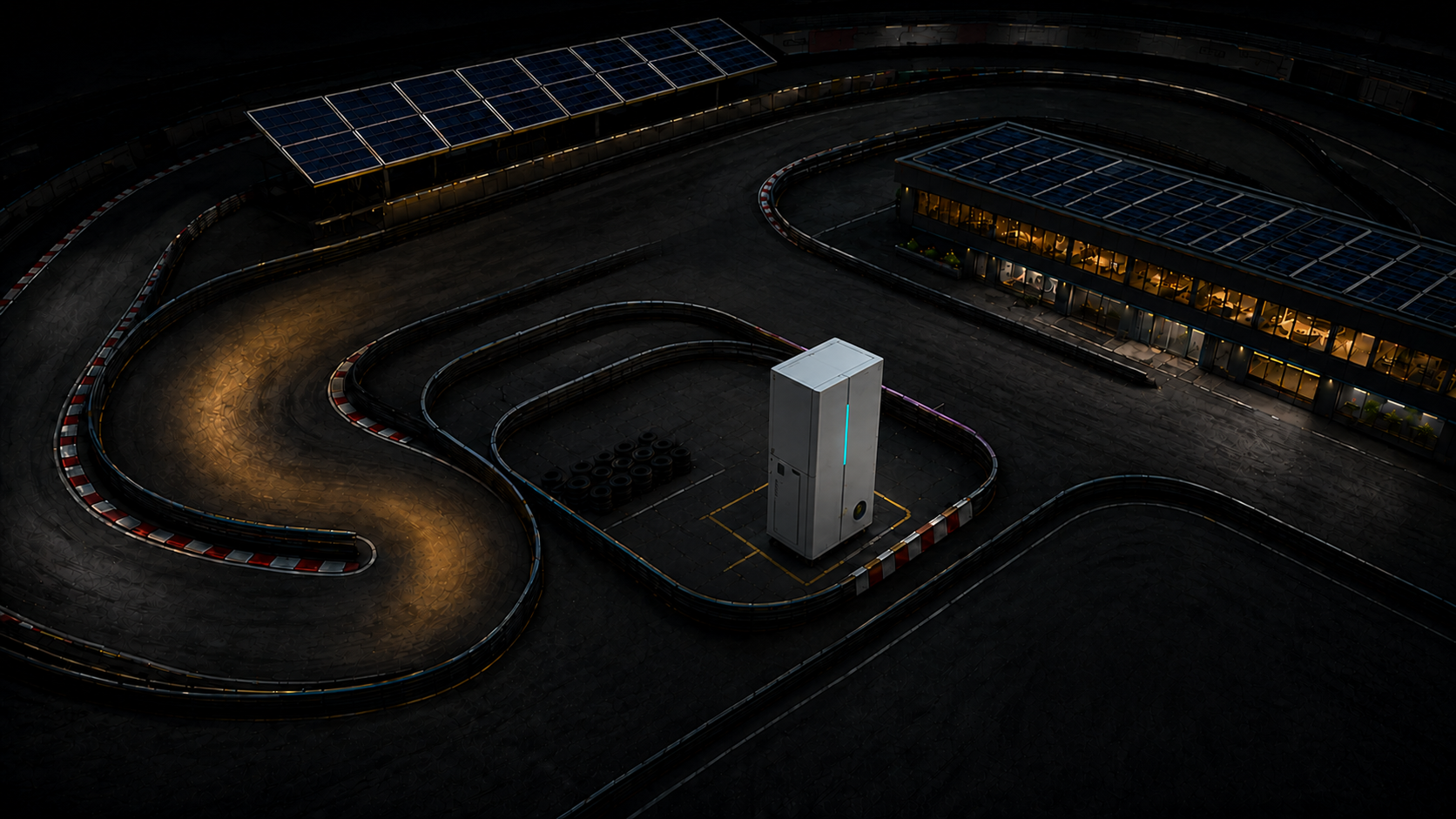 Circuit de karting vu du ciel avec panneaux photovoltaïques et batterie agrandie
